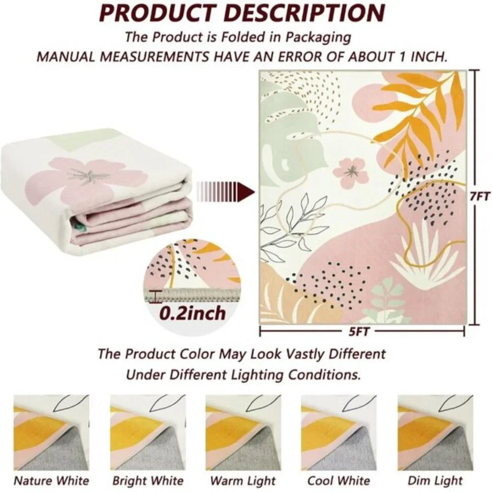 New 5x7 Pink Washable Rug, Soft Low Pile Botanical Carpet for Nursery & Room